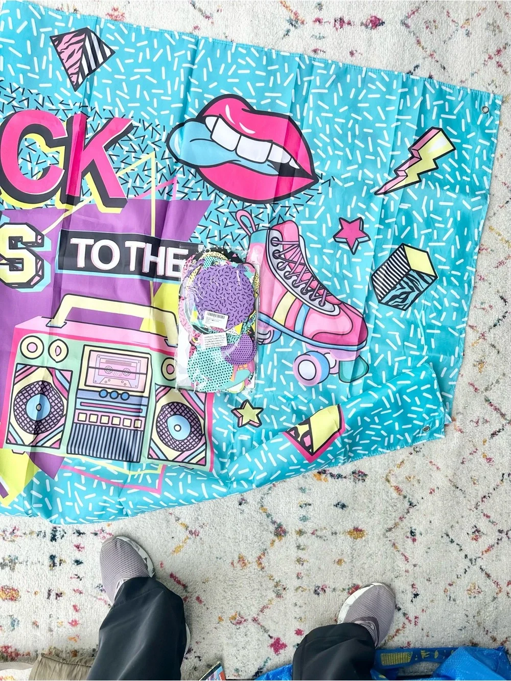 Retro 90's Party Backdrop Curtain - Teal Pink Yellow 70 × 43.5